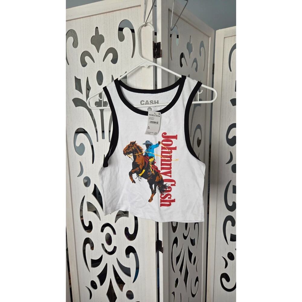 Johnny Cash Crop Tank Top XL Western Cowboy Graphic NWT 100% Cotton